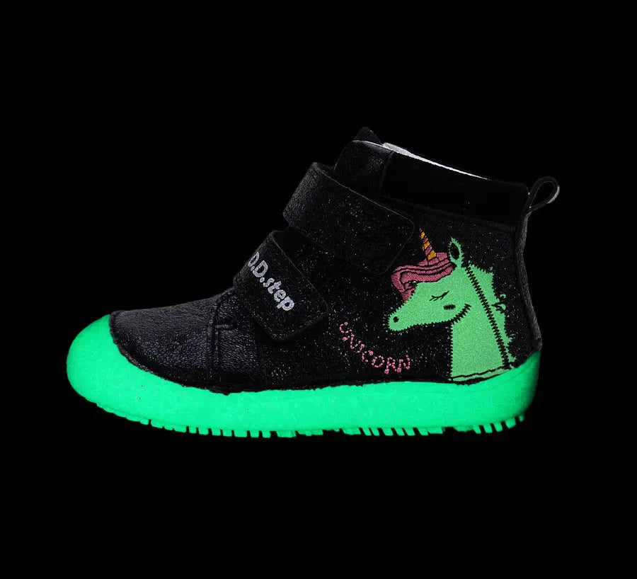 d.d.step unicorn barefoot leather glow in the dark shoes (a063-52815b) shoes uk side view highlighting sole flexibility and shape