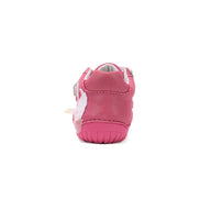 Close-up of soft leather upper and stitching on D.D.Step barefoot shoes
